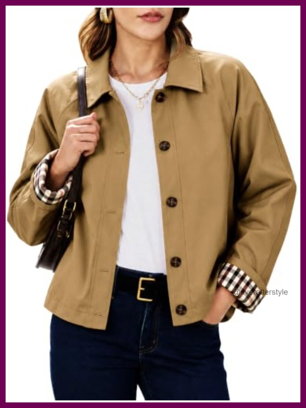Oversize Cropped Trench Coat with Plaid Lining and Pockets